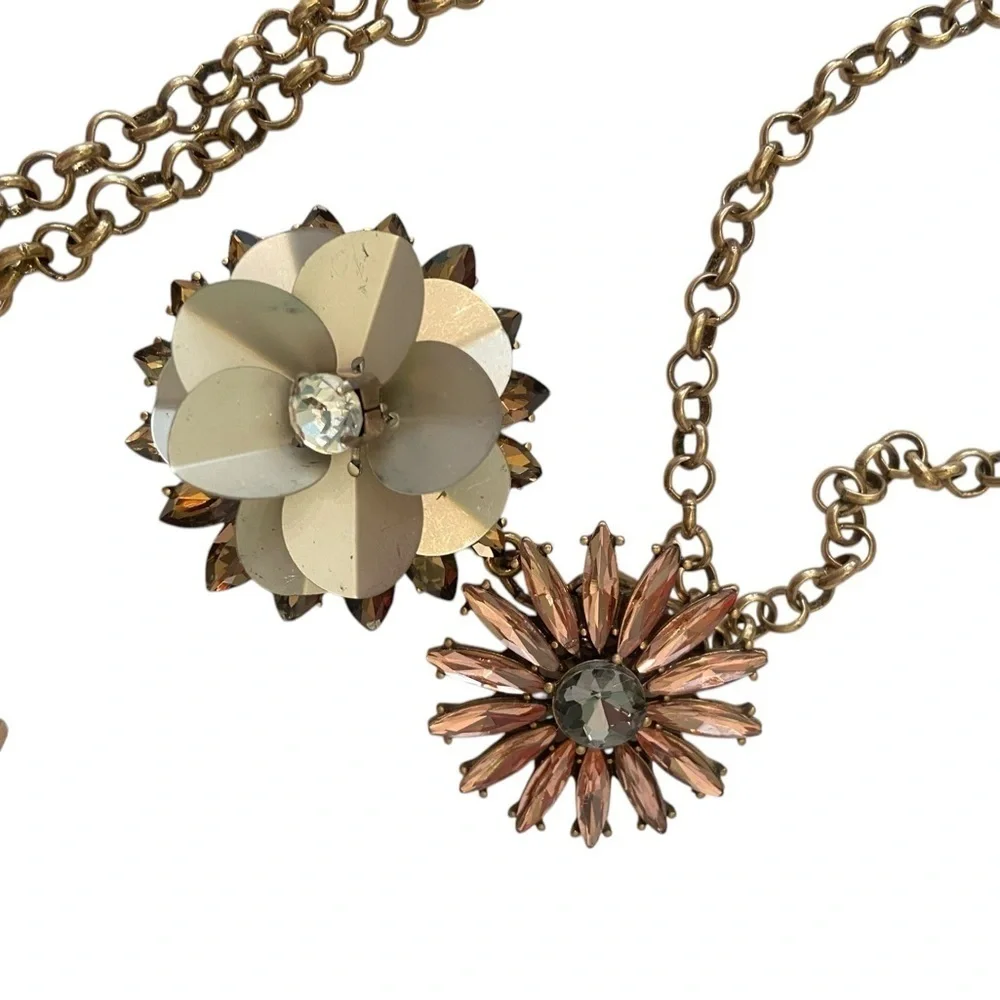 Ann Taylor antique gold chain long necklace double flower pendant blush crystal